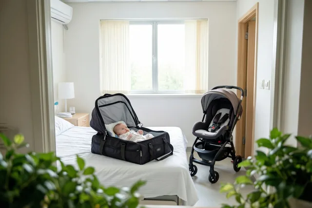 Een baby ligt in een open zwarte ziekenhuistas op een wit bed in een lichte slaapkamer, met een kinderwagen bij de deur en groene planten op de voorgrond.