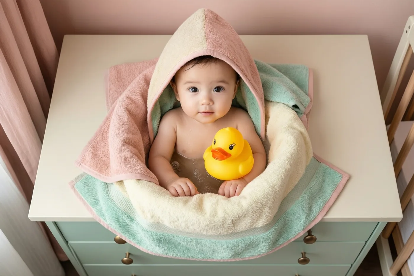 Een baby met een geel badeendje zit in een ondiep badje van een opgevouwen badcape op een ladekast, in een babykamer met pastelroze en mintgroene tinten.
