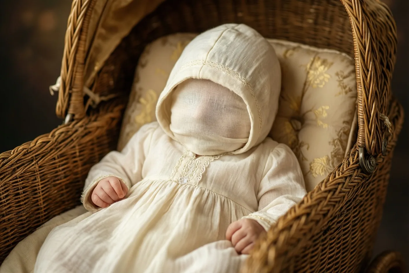 Een baby in een lang wit kleed met een kap die het gezicht bedekt, zit in een oude rieten kinderwagen in zacht, warm licht.