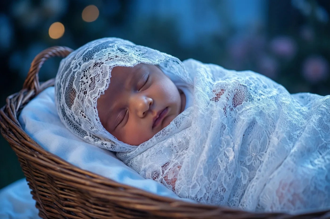 Een pasgeboren baby slaapt in een rieten mand, gewikkeld in een witte kanten doopsjaal, tegen een blauwgetinte achtergrond met onscherpe lichtjes.
