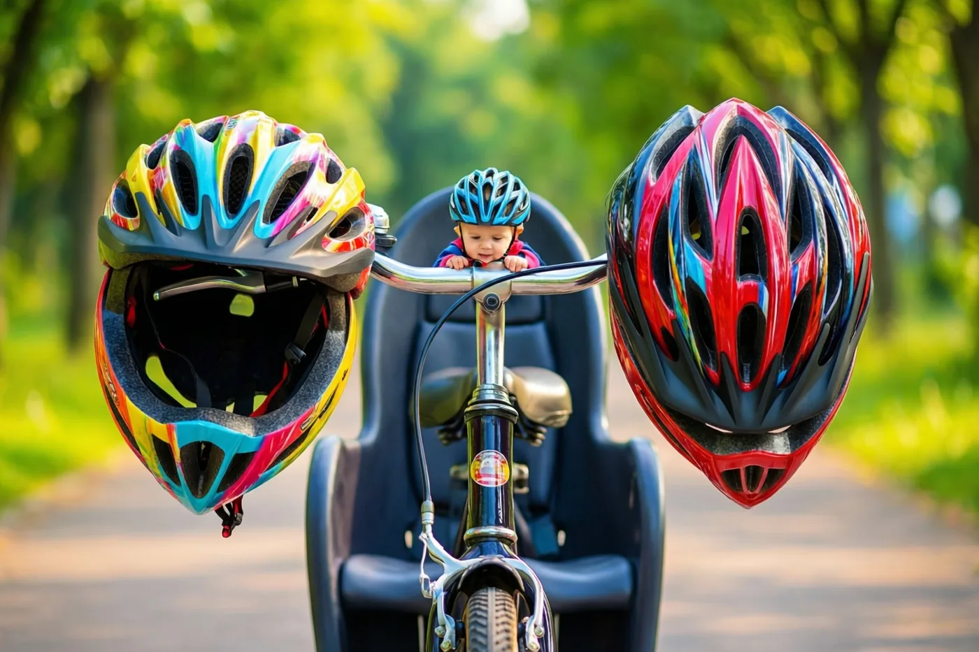 Een baby met een kleine blauwe helm zit in een fietszitje met twee grote kleurrijke helmen aan het stuur, buiten in de zon met groene bomen op de achtergrond.