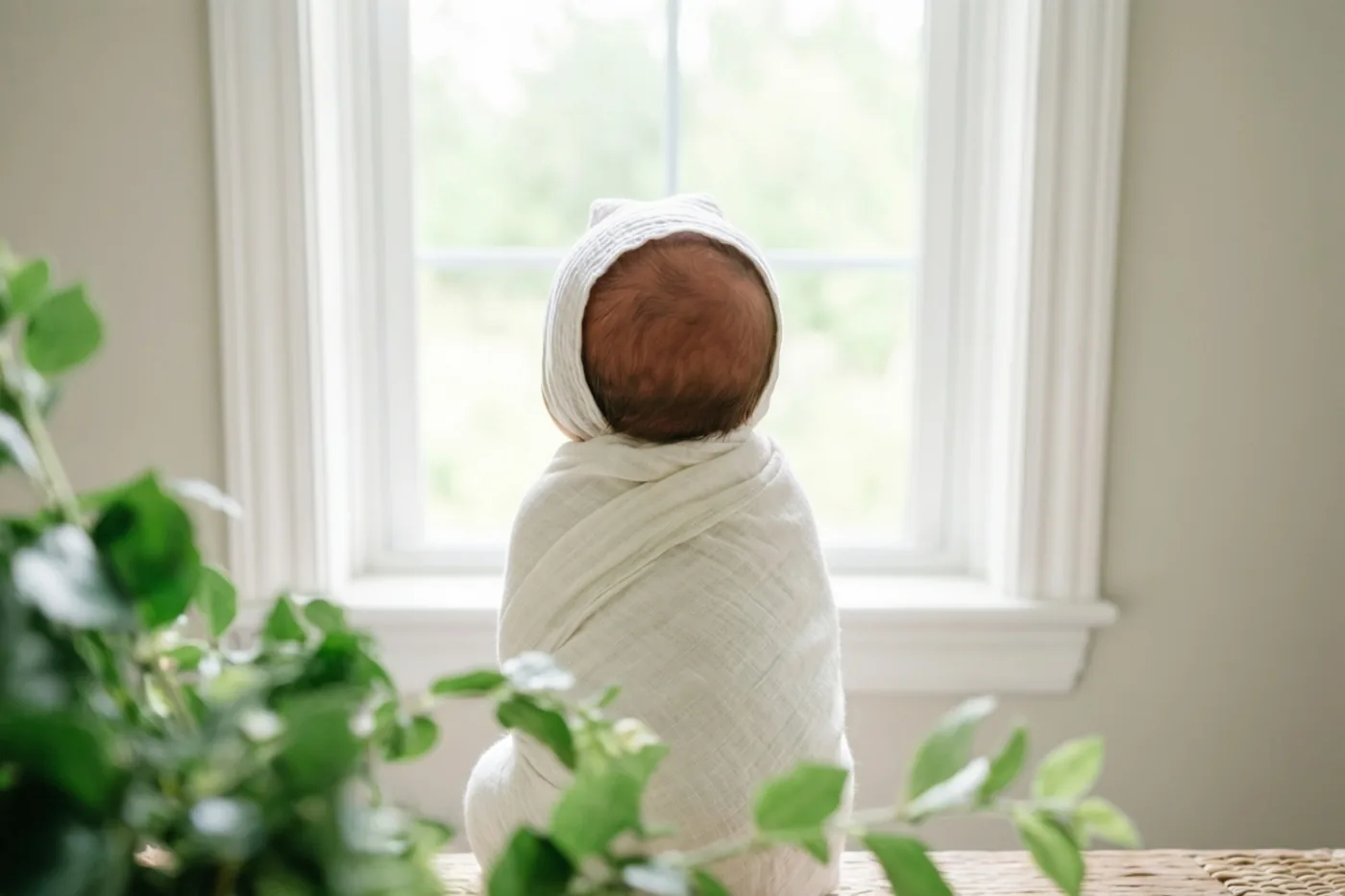Een ingebakerde pasgeboren baby zit van achteren gezien op een gevlochten ondergrond bij een helder raam, met een witte mousseline doek en bijpassend mutsje, beige muren en groen gebladerte op de voorgrond.