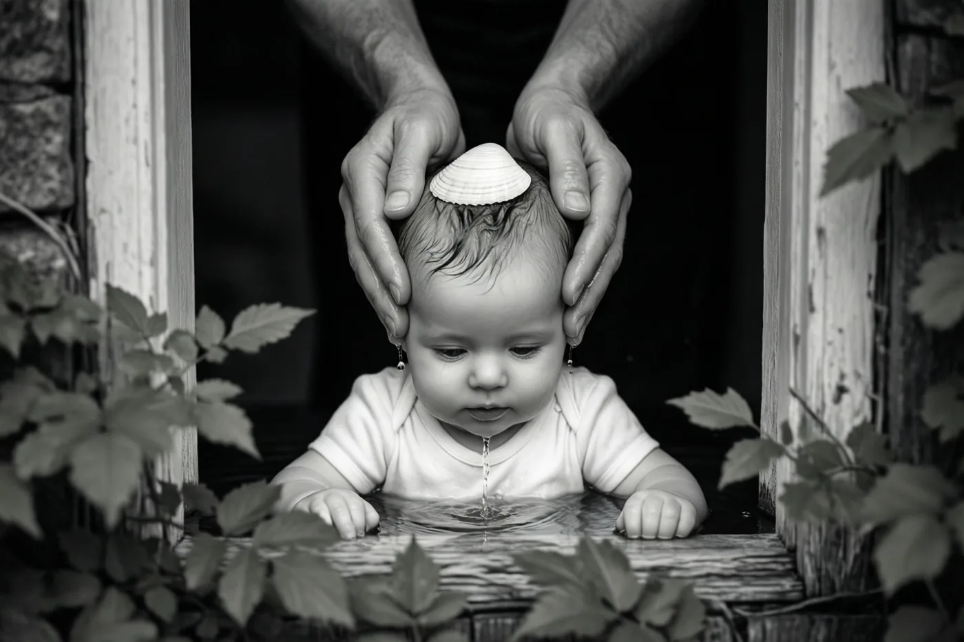 Een zwart-witfoto toont een baby in een wit kleed, vastgehouden door handen van een volwassene boven water, met een witte schelp op het hoofd en verweerde houten palen en bladeren rondom.