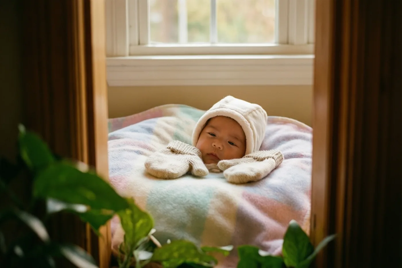 Een pasgeboren baby met een wit mutsje en kleine witte wantjes ligt op een pastelkleurige deken, gezien door een houten deuropening met daglicht van een raam achter de baby.