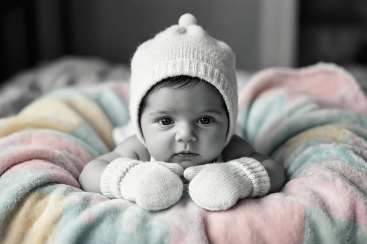 Een baby met een wit gebreid mutsje en witte wantjes ligt op een pastelkleurige deken en kijkt naar de camera, op een zwart-witfoto waarop alleen de deken kleur heeft.