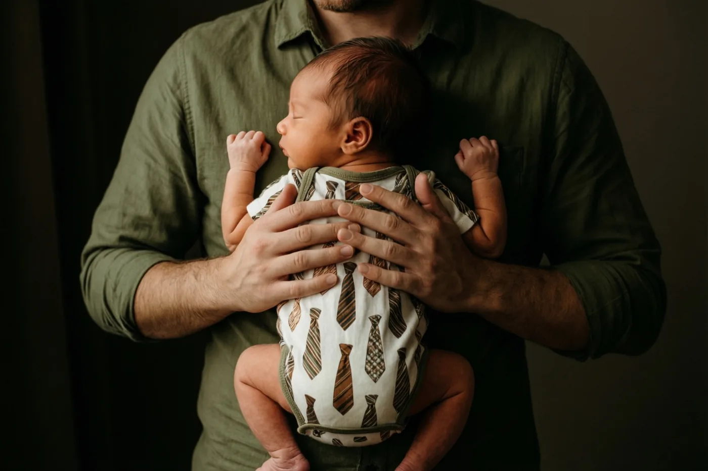 Een slapende baby met een daspatroon op het kruippakje ligt tegen de borst van een vader, met alleen de rug van de baby en de handen van de vader zichtbaar tegen een donkere achtergrond.