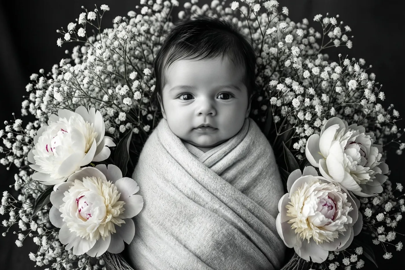 Een pasgeboren baby in een lichte deken ligt tussen witte pioenen en gipskruid tegen een donkere achtergrond, in zwart-wit met selectieve kleur op de bloemen.