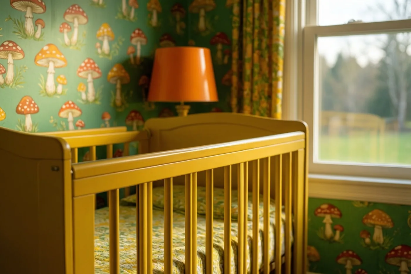 Een mosterdgeel houten babybed staat in een kamer met groen paddenstoelenbehang, verlicht door daglicht uit een raam en een oranje lamp.