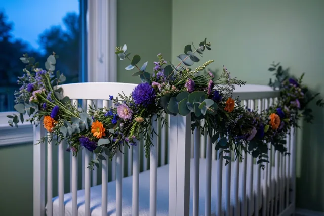 Een wit babybedje met paarse, oranje en roze veldbloemen en eucalyptus staat in een lichtgroene babykamer bij een raam met zicht op een blauwe schemerhemel.