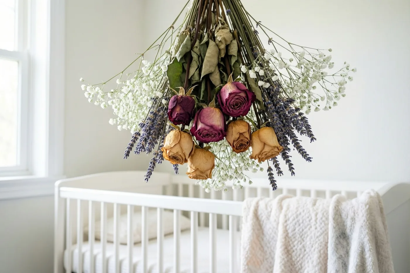Een droogbloemstuk van rozen, lavendel en gipskruid hangt boven een wit babybedje dat zacht wordt verlicht door daglicht uit een raam.
