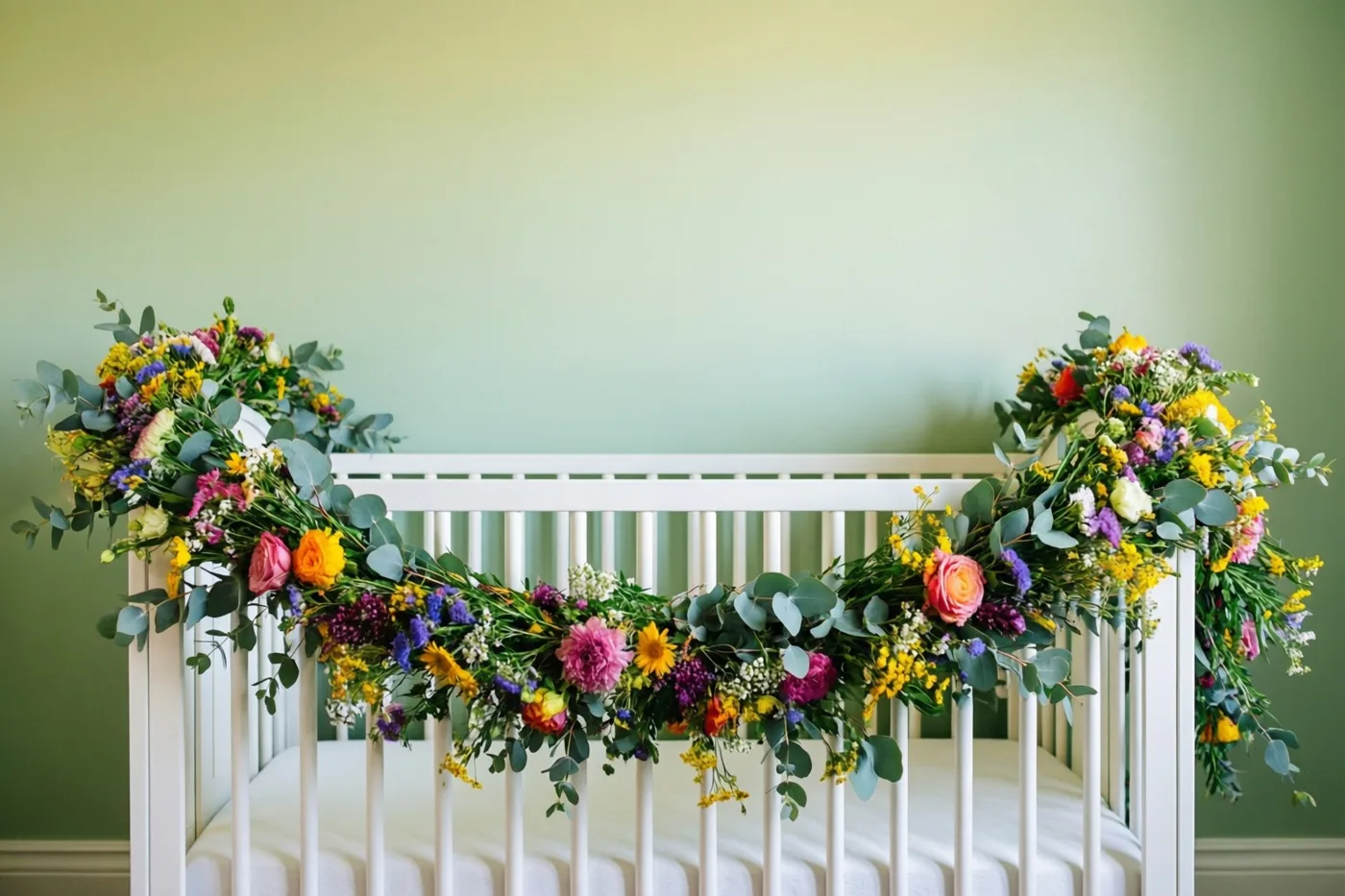 Een wit babybedje met een uitbundige slinger van kleurrijke veldbloemen en eucalyptusbladeren staat tegen lichtgroene muren in een lichte babykamer.