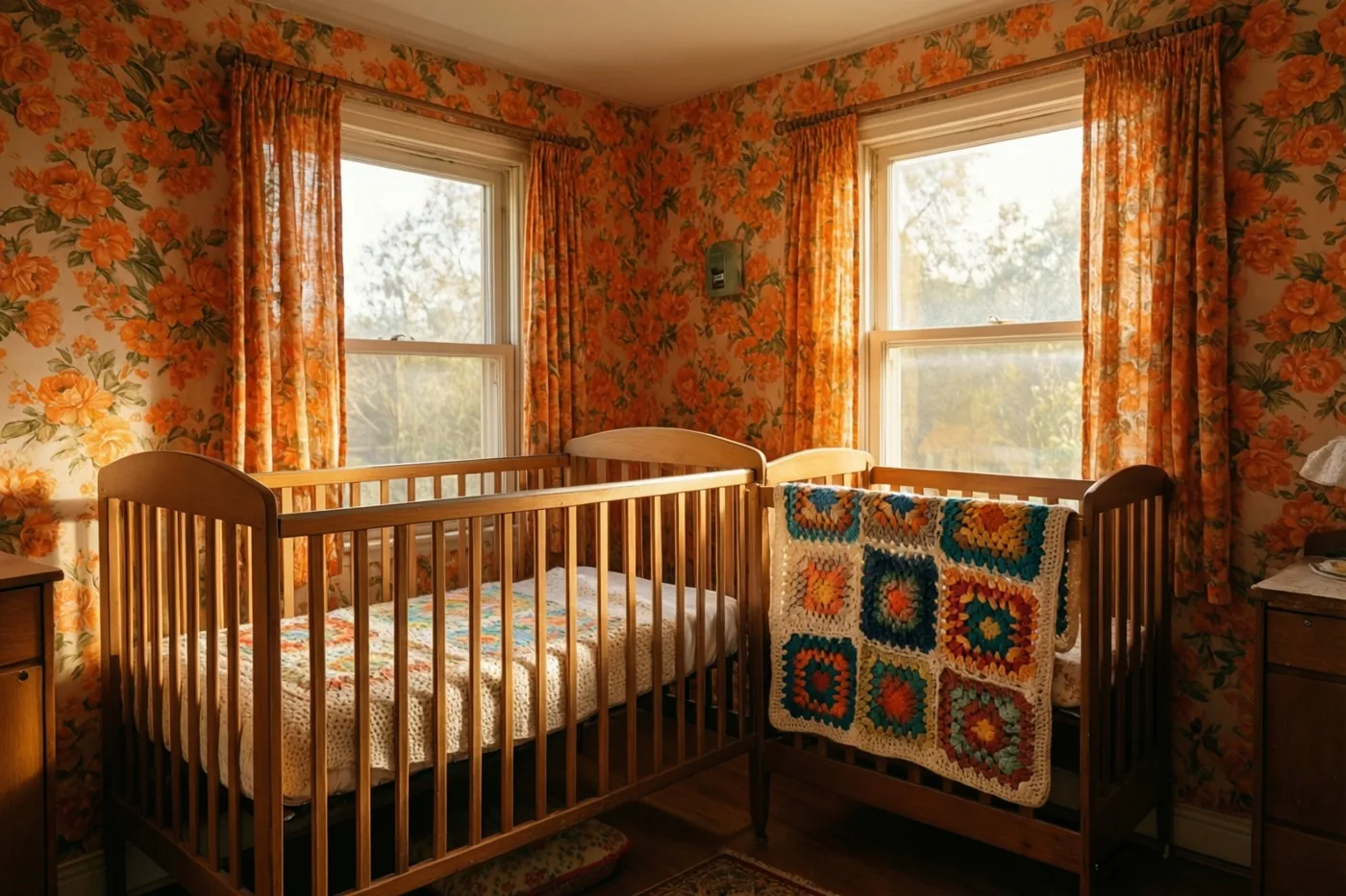 Een houten babybedje met een kleurrijke deken van gehaakte vierkantjes staat in een babykamer met oranje bloemenbehang en bijpassende gordijnen, verlicht door zonlicht uit twee ramen.