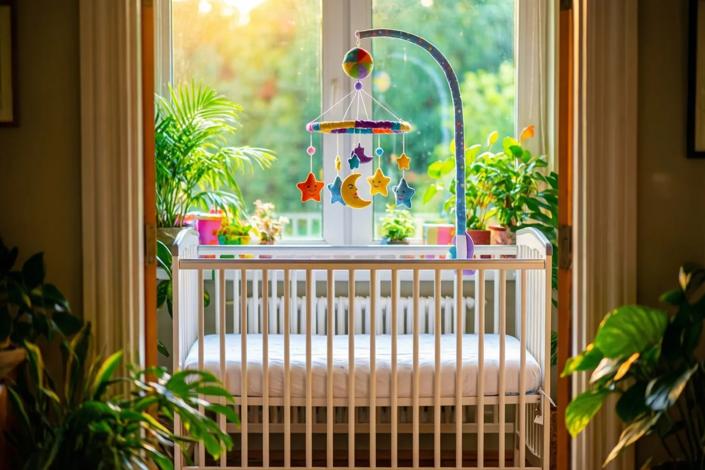 Voor een raam staat een wit babybedje met een kleurrijke mobiel van vilten sterren en manen erboven, omringd door groene planten in warm zonlicht.