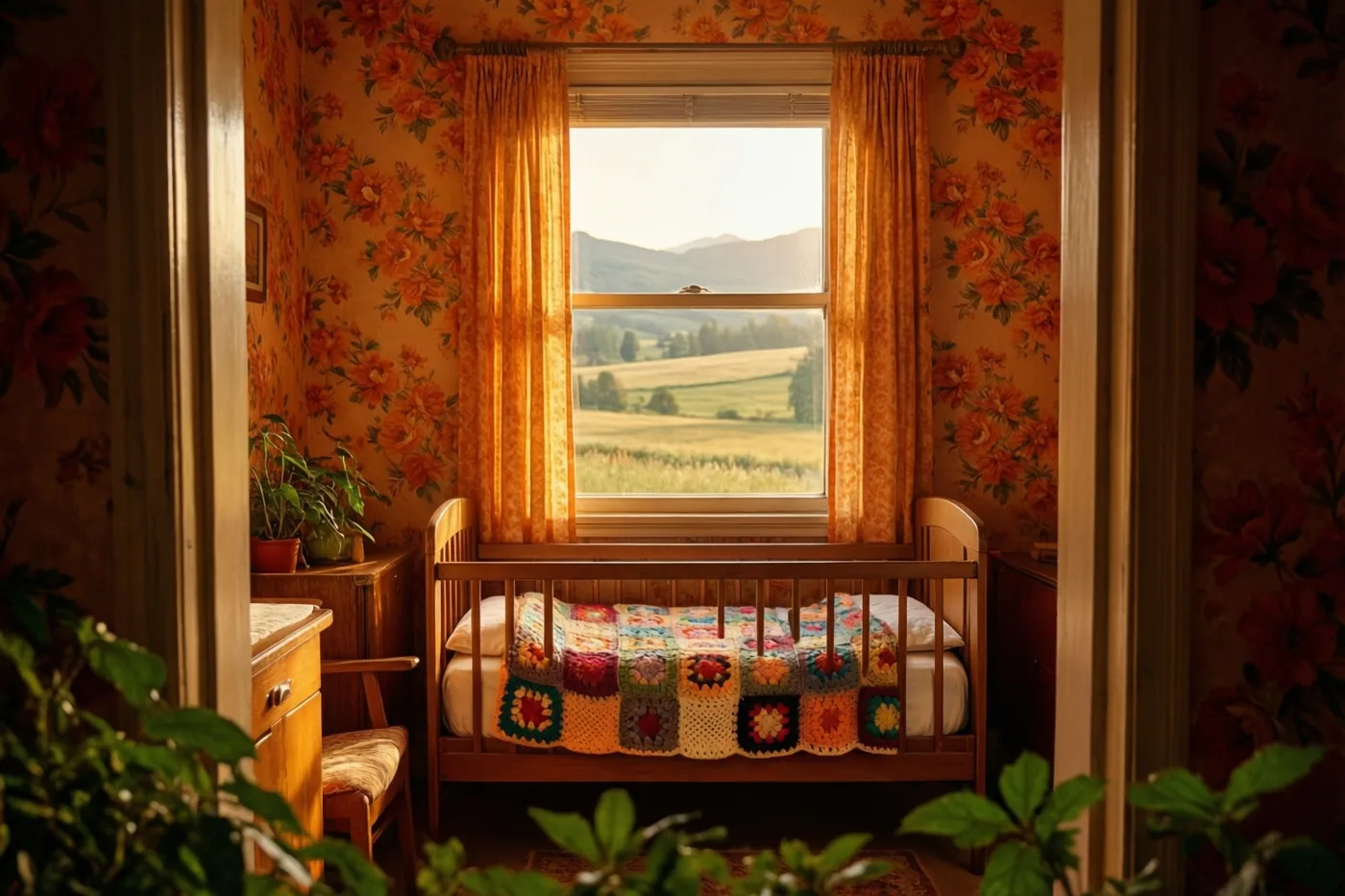 Een houten babybedje met een kleurrijke deken van gehaakte vierkantjes staat onder een raam in een zonnige babykamer in jarenzeventigstijl met oranje bloemenbehang.