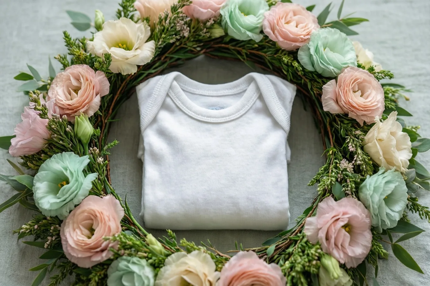 Een opgevouwen witte babybody ligt in een ronde krans van pastelroze, mintgroene en crèmekleurige bloemen met groen blad op een lichtgrijs oppervlak met structuur.