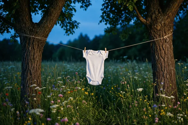 Een kleine witte babybody hangt bij schemering aan een waslijn tussen twee bomen in een weide met wilde bloemen, onder een blauwe hemel.