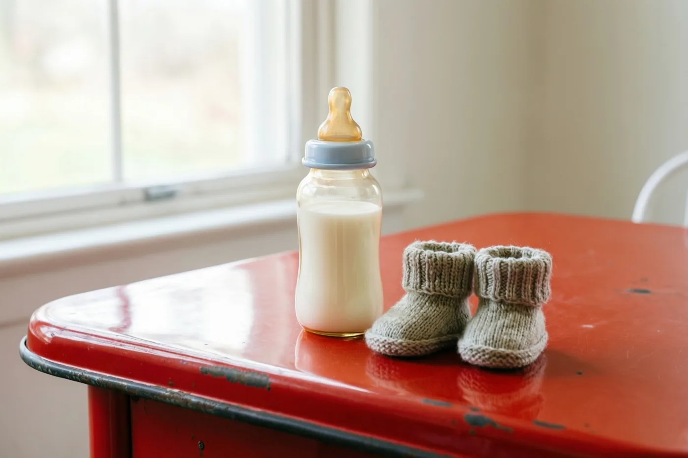 Een glazen babyfles met melk en kleine gebreide slofjes staan op een rode geëmailleerde keukentafel in zacht daglicht van een raam.
