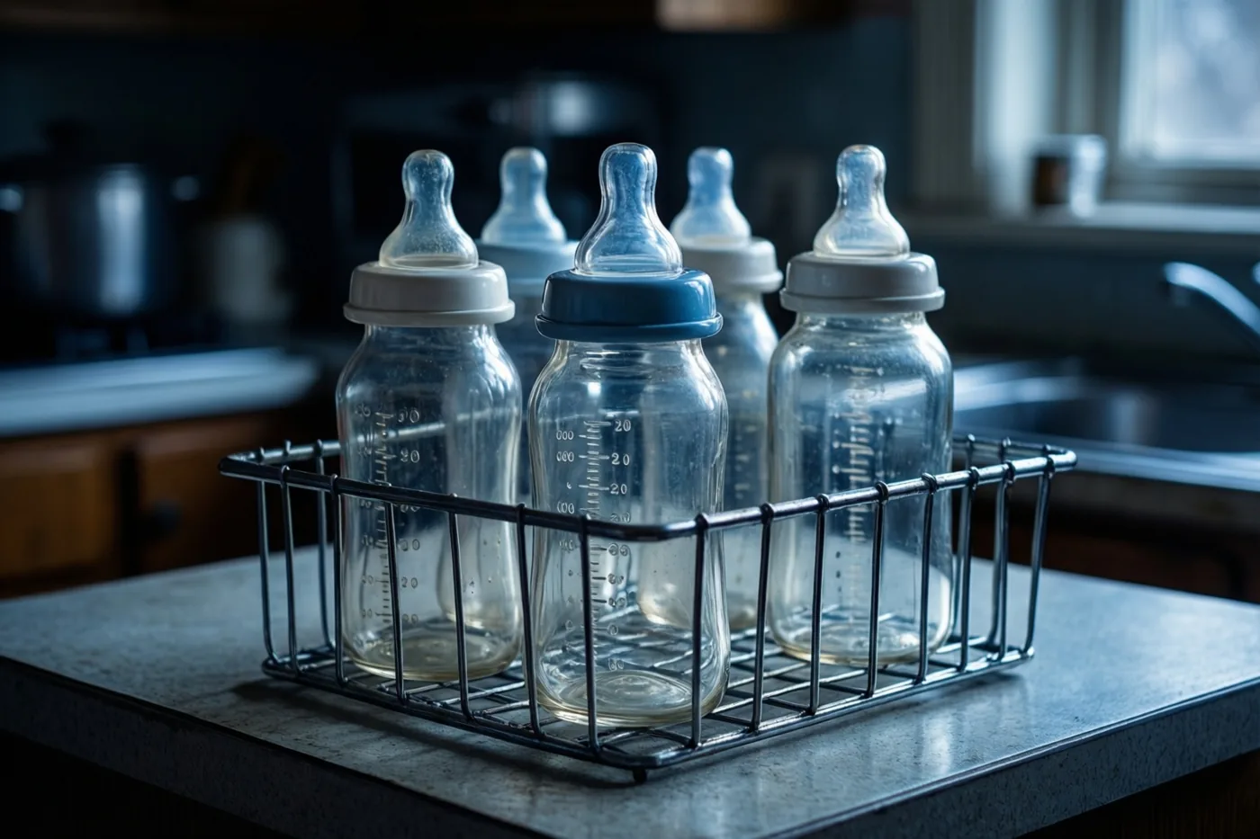 Oude glazen babyflessen met spenen en doppen staan in een zwart draadrek op een gespikkeld keukenaanrecht, in koel blauw licht.