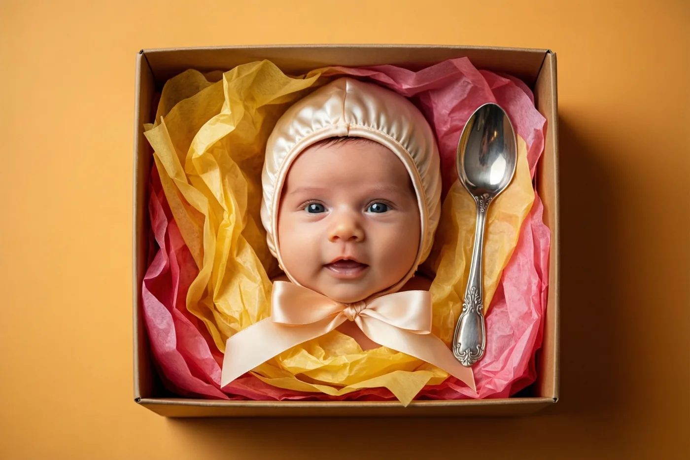 Het gezichtje van een baby met een zijden mutsje met strik is te zien in een open geschenkdoos met geel en roze zijdepapier, naast een zilveren lepel tegen een oranje achtergrond.