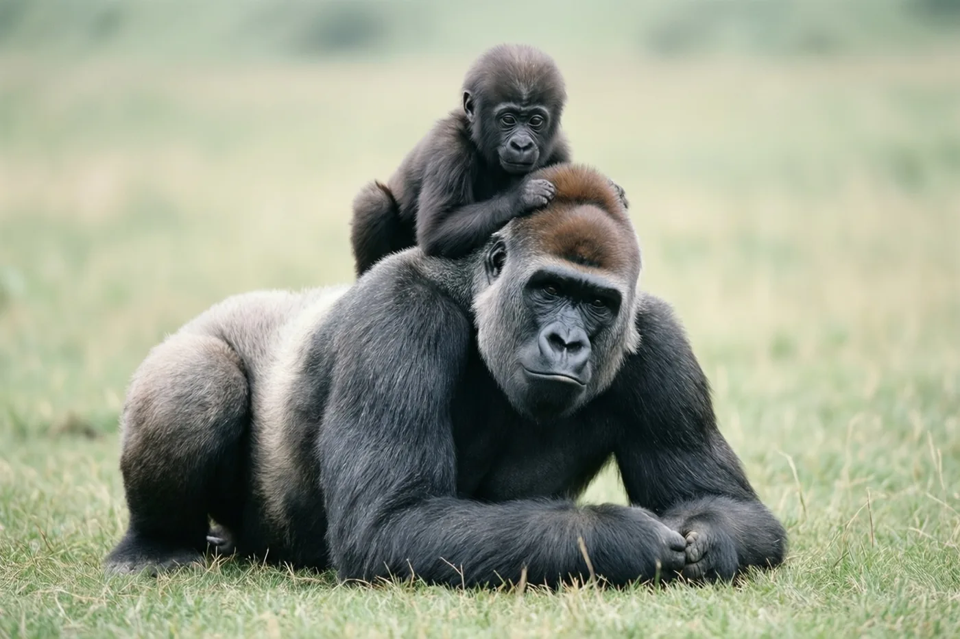 Een zilverruggorilla ligt op het gras met een babygorilla op zijn hoofd, tegen een onscherpe achtergrond.