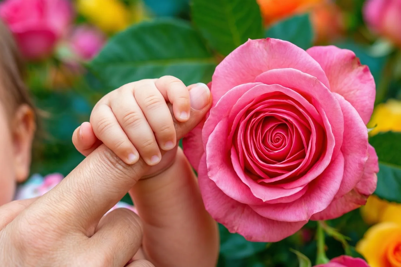 Een babyhandje grijpt de vinger van een volwassene vast naast een open roze roos, met onscherpe bloemen en groene bladeren op de achtergrond.