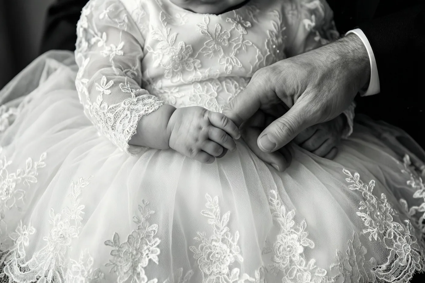 Een zwart-witdetailfoto toont een babyhandje dat een vinger van een volwassene vasthoudt boven het kant van een wit doopkleed.