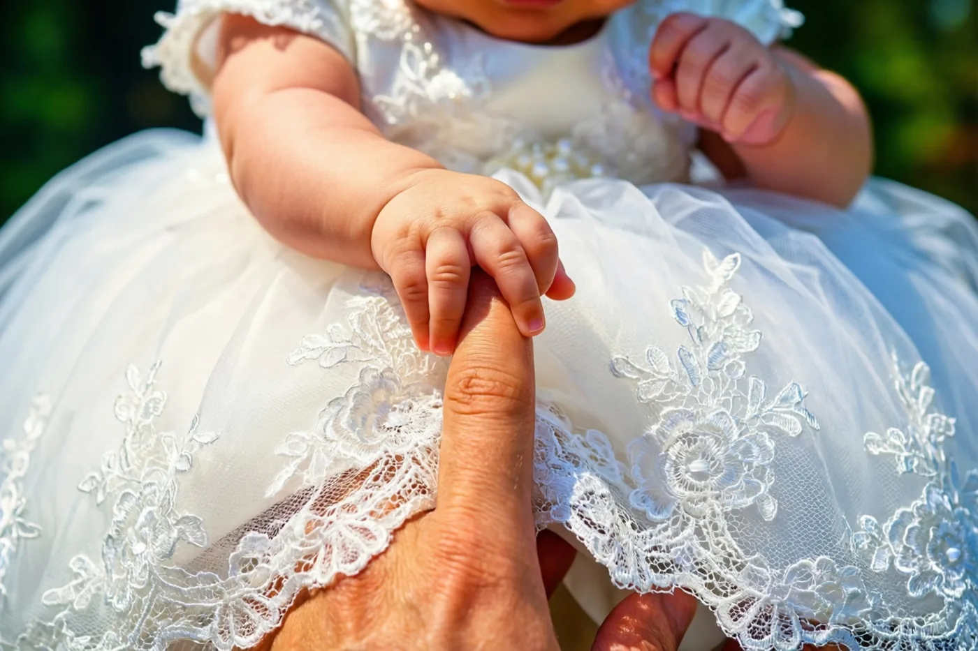 Een baby in een wit kanten doopkleed grijpt met een klein handje een vinger van een volwassene vast, buiten in fel zonlicht tegen een onscherpe groene achtergrond.