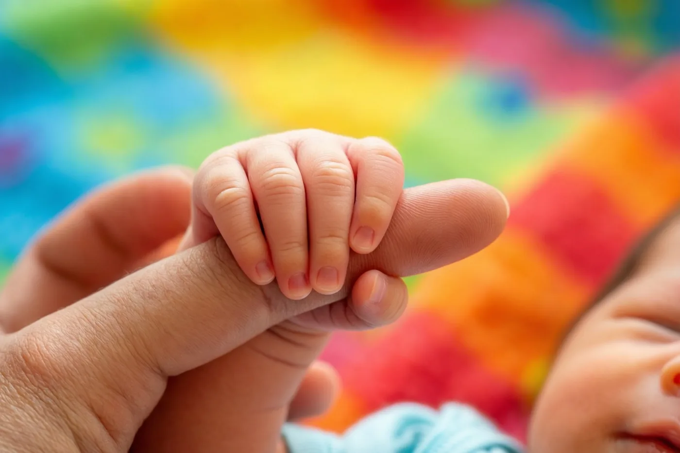 Een klein handje van een pasgeboren baby grijpt een vinger van een volwassene vast, met een onscherpe achtergrond in regenboogkleuren.