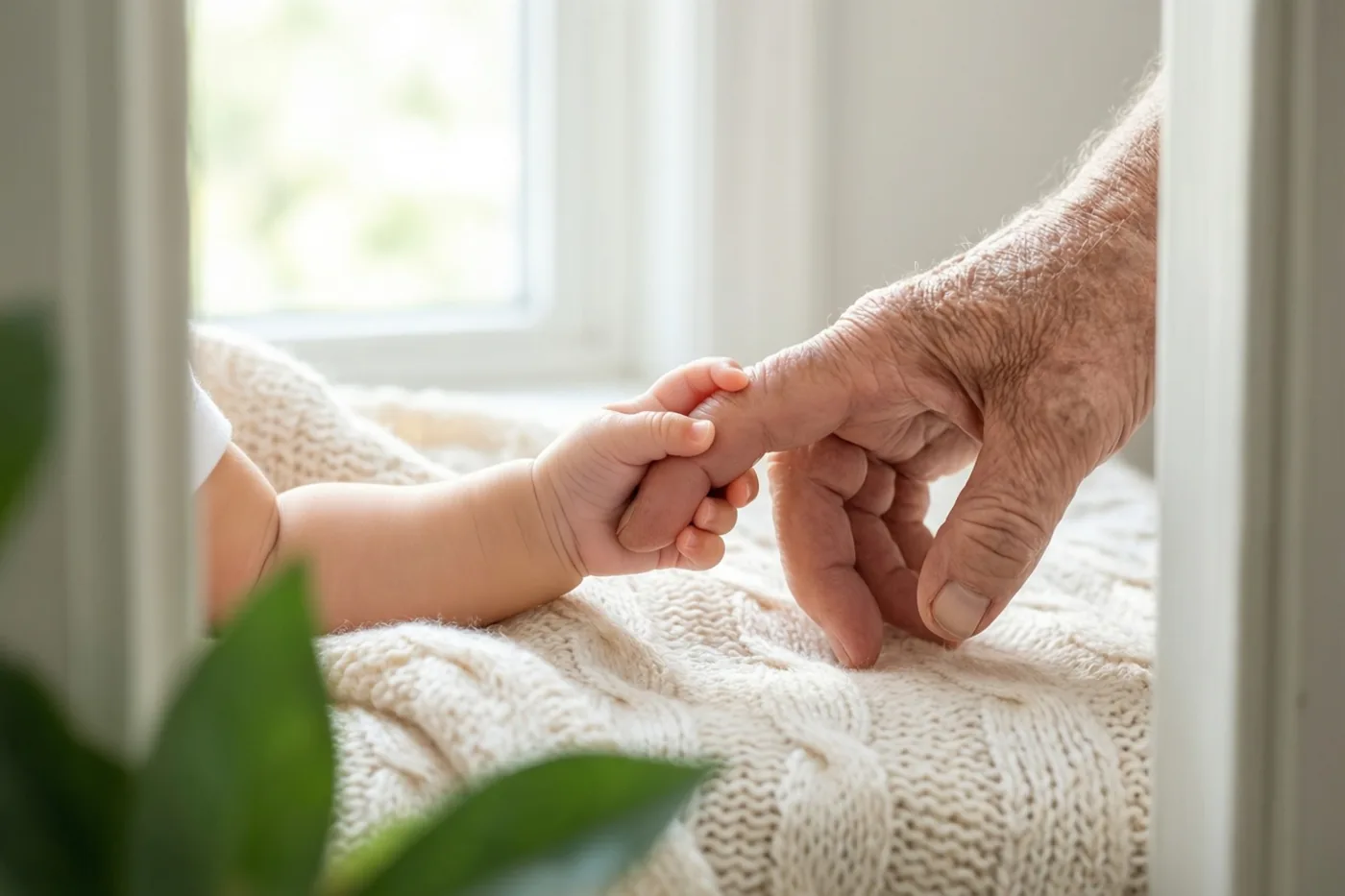 Een klein babyhandje houdt een gerimpelde vinger van een volwassene vast op een zacht, crèmekleurig gebreid dekentje in natuurlijk raamlicht.