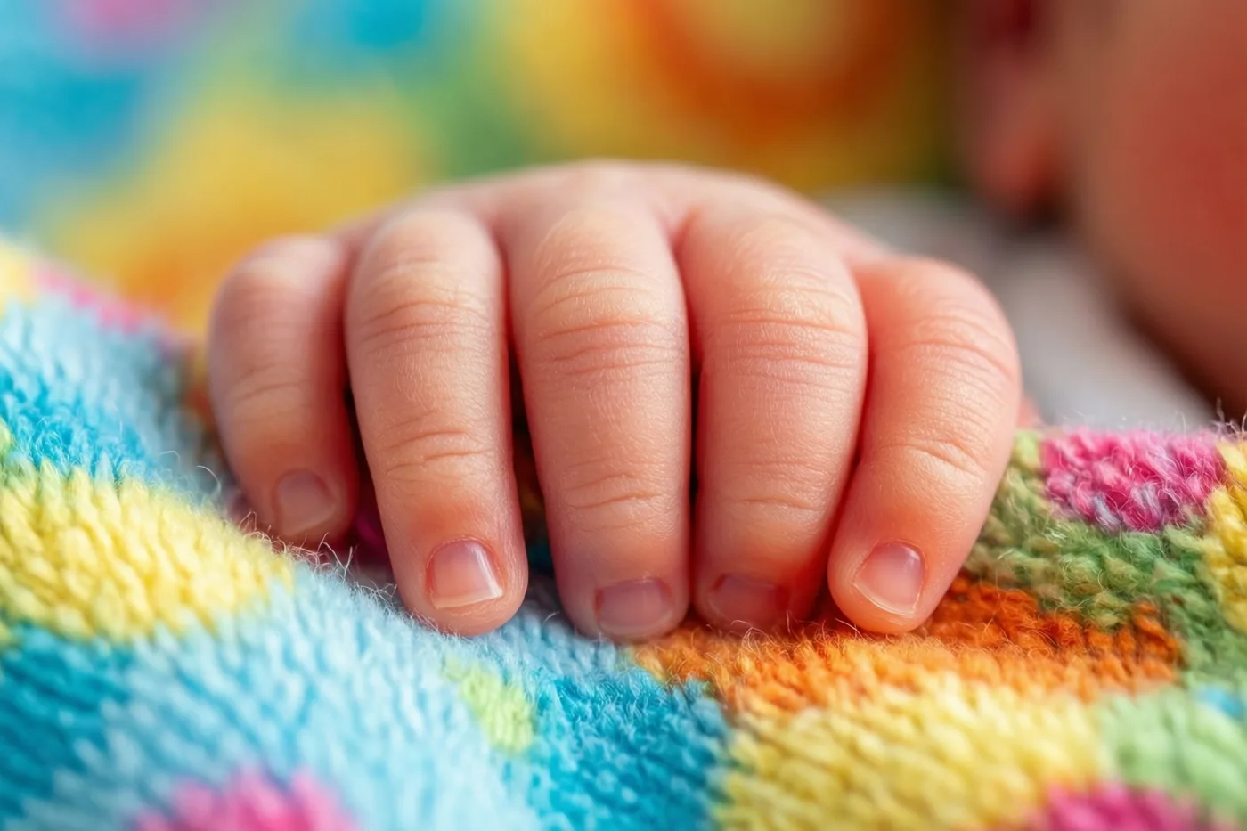Een close-up toont het kleine handje van een pasgeboren baby met gekromde vingertjes op de rand van een kleurrijke gebreide deken in zacht licht.