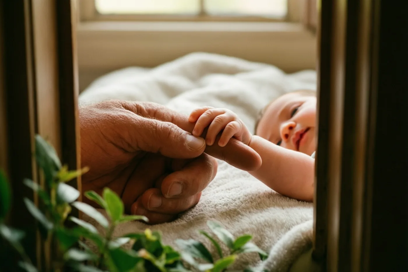 Een babyhandje omsluit de grote, ruwe vinger van een vader op een zachte witte deken, gezien door een houten kader met groen op de voorgrond in warm natuurlijk licht.