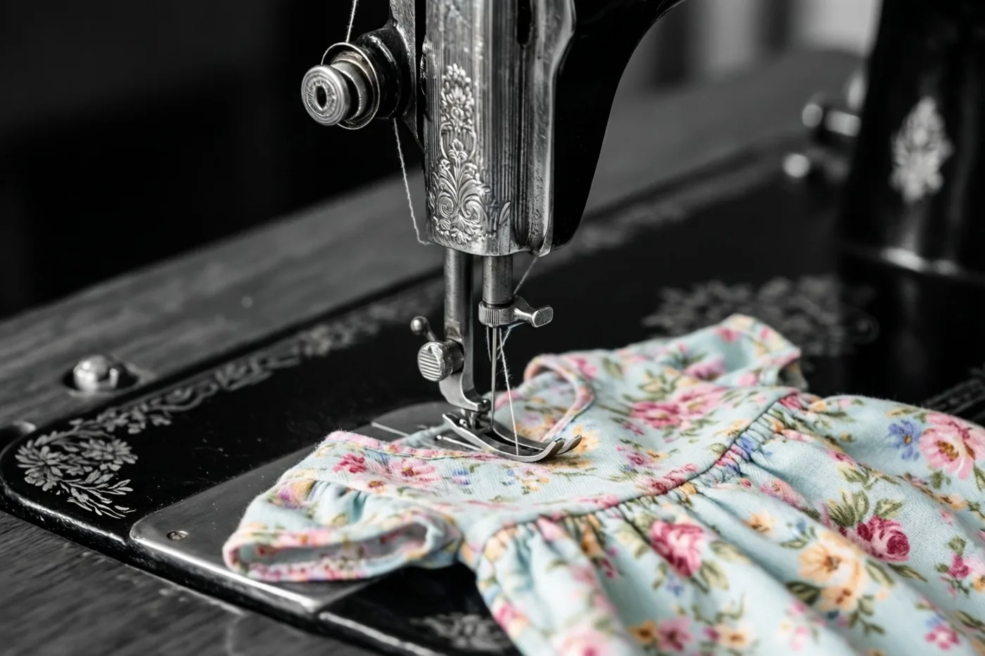 Een oude zwarte naaimachine naait een babyjurkje van pastelkleurige bloemenstof op een donker houten oppervlak.