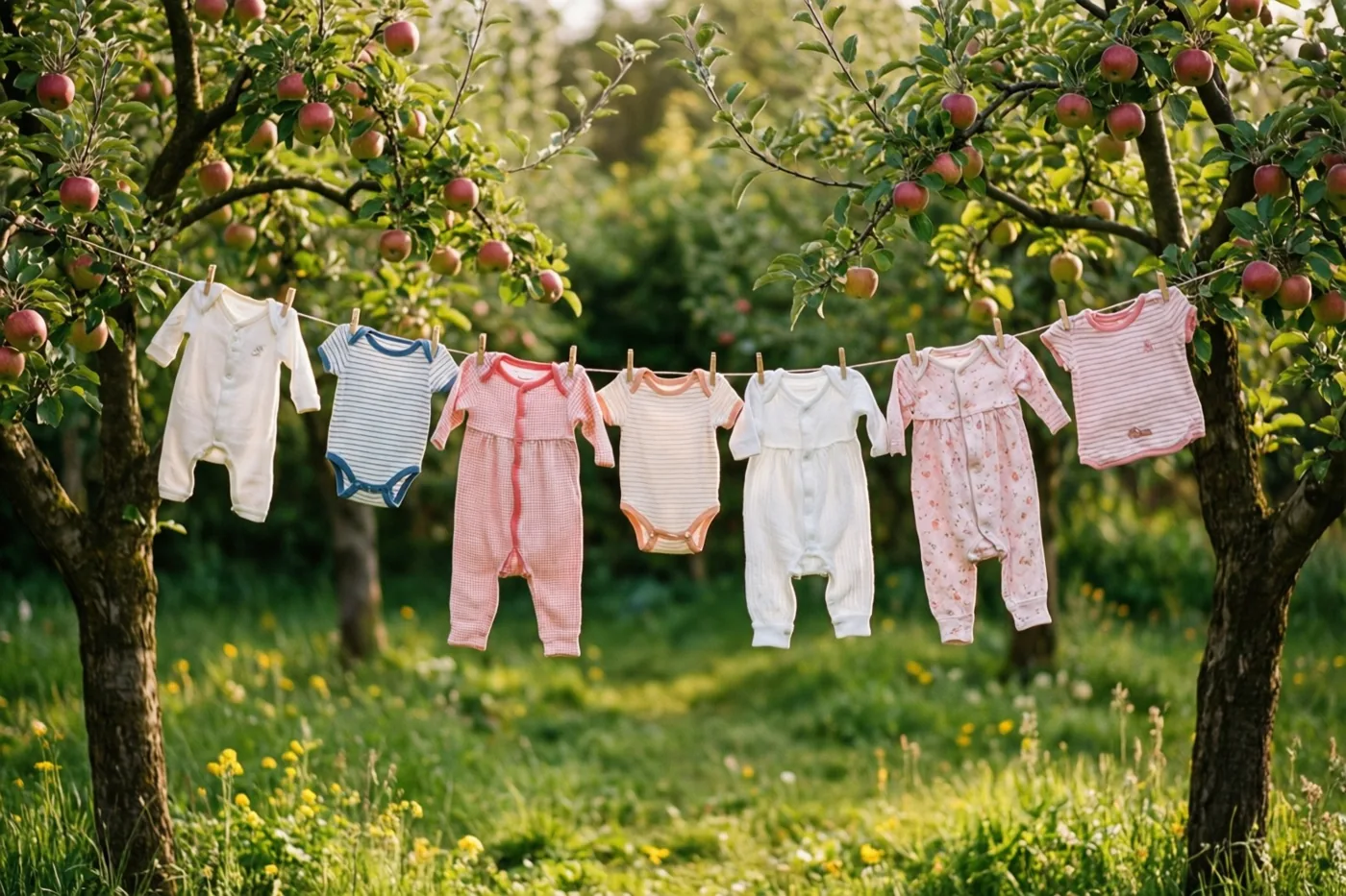 Verschillende kleine babykleertjes hangen aan een waslijn tussen twee appelbomen in een weelderig groene lentetuin in warm zonlicht.