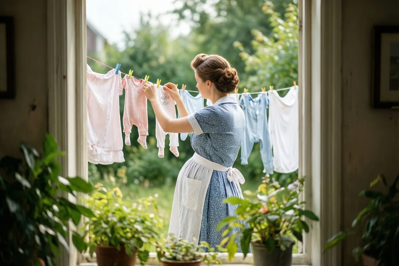 Van achteren gezien hangt een zwangere vrouw in een blauwe jarenvijftigjurk en witte schort babykleertjes aan een waslijn buiten het raam van een zonnige kamer met potplanten.