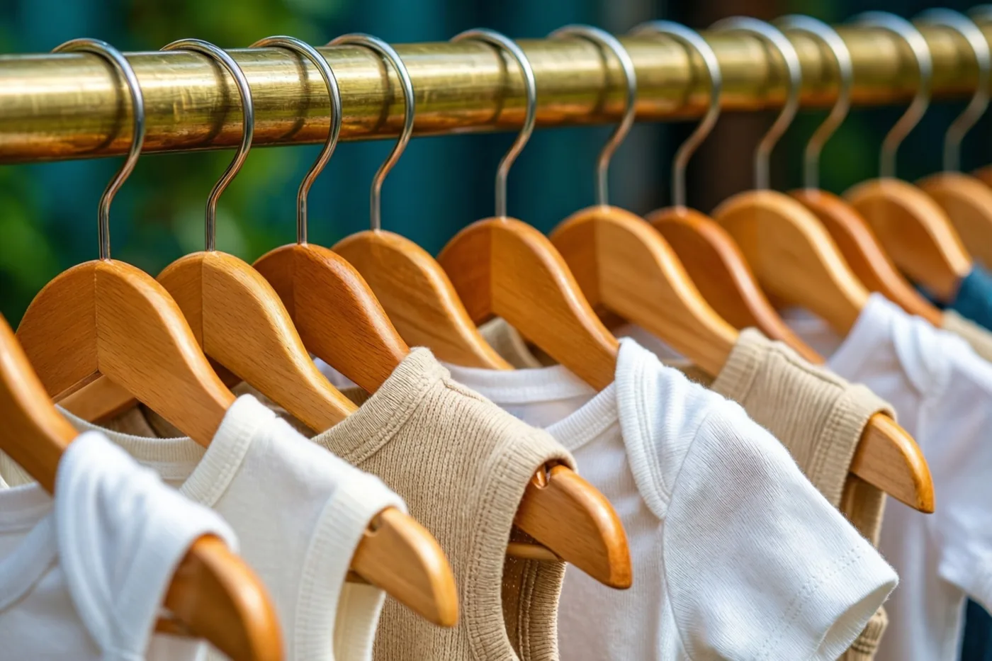Een rij witte en lichtbeige babykleertjes hangt aan houten kleerhangers aan een messing stang, met een wazige groene en blauwe achtergrond.