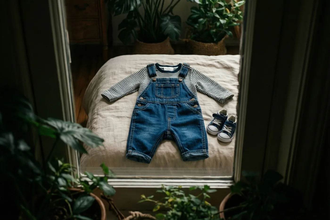Door een raamkozijn is een bed te zien met een jeanssalopet, een gestreept shirt en babysneakers in babymaat, omringd door groene potplanten.