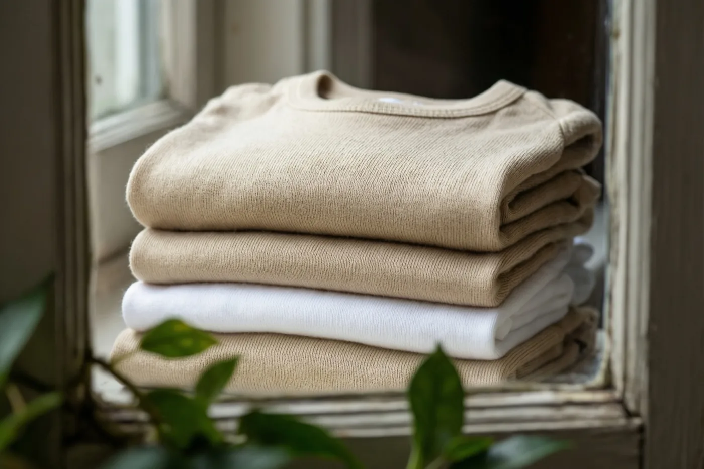 Een stapel opgevouwen babykleertjes in beige en wit ligt op een vensterbank in zacht daglicht, met groen gebladerte op de voorgrond.