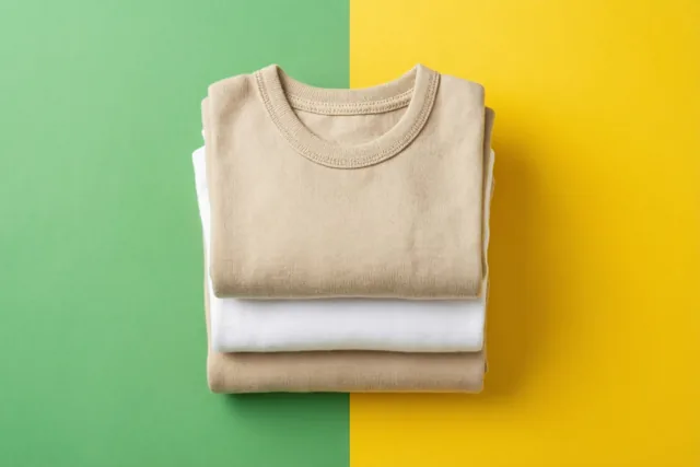 Een nette stapel opgevouwen beige en witte babykleertjes staat centraal tegen een achtergrond met een groen en een geel vlak.