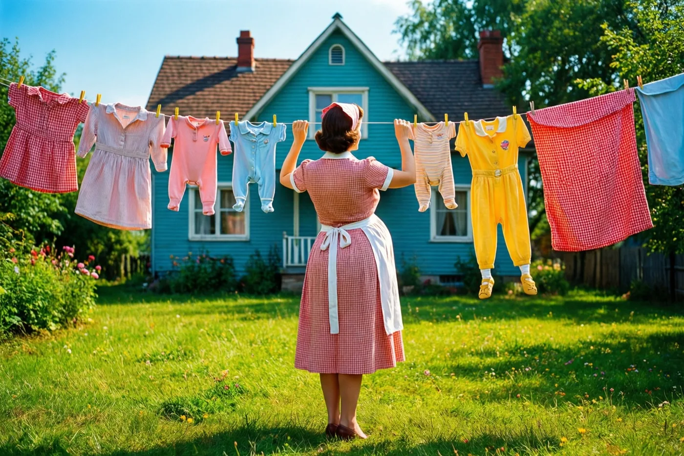 Een zwangere vrouw in een jurk uit de jaren vijftig en een schort hangt babykleertjes aan een waslijn in een zonnige achtertuin voor een blauw huis, met gras en bomen.