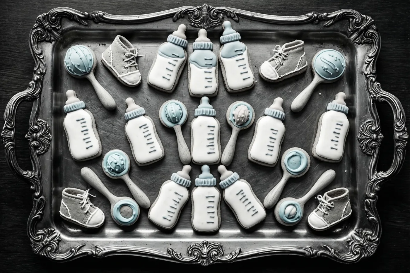 Een sierlijke zilveren schaal met koekjes in de vorm van babyflesjes, rammelaars en babyslofjes staat op donker hout, in een monochroom beeld met lichtblauw glazuur als kleuraccent.