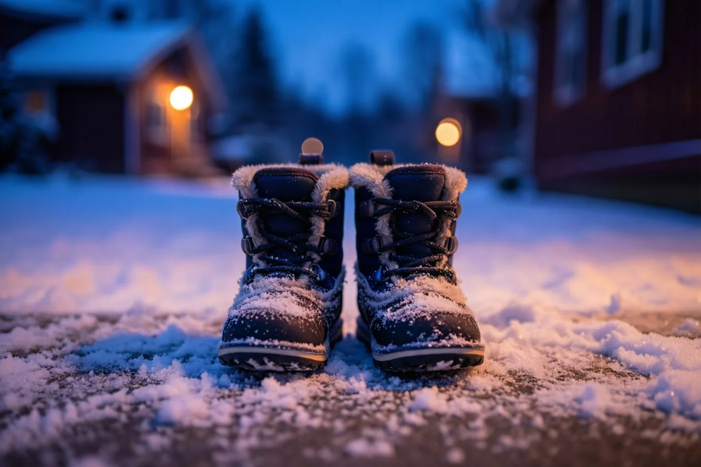 Twee piepkleine babysneeuwlaarsjes met een pluizige rand staan op een besneeuwde drempel in blauw schemerlicht, met een warme oranje gloed van huisverlichting in de verte.