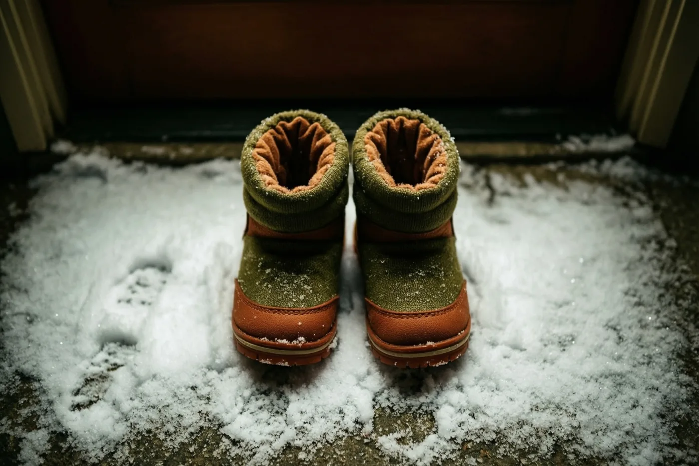 Een paar piepkleine babysneeuwlaarsjes met groene en bruine accenten staat naast elkaar op een besneeuwde drempel voor een donkere houten deur.