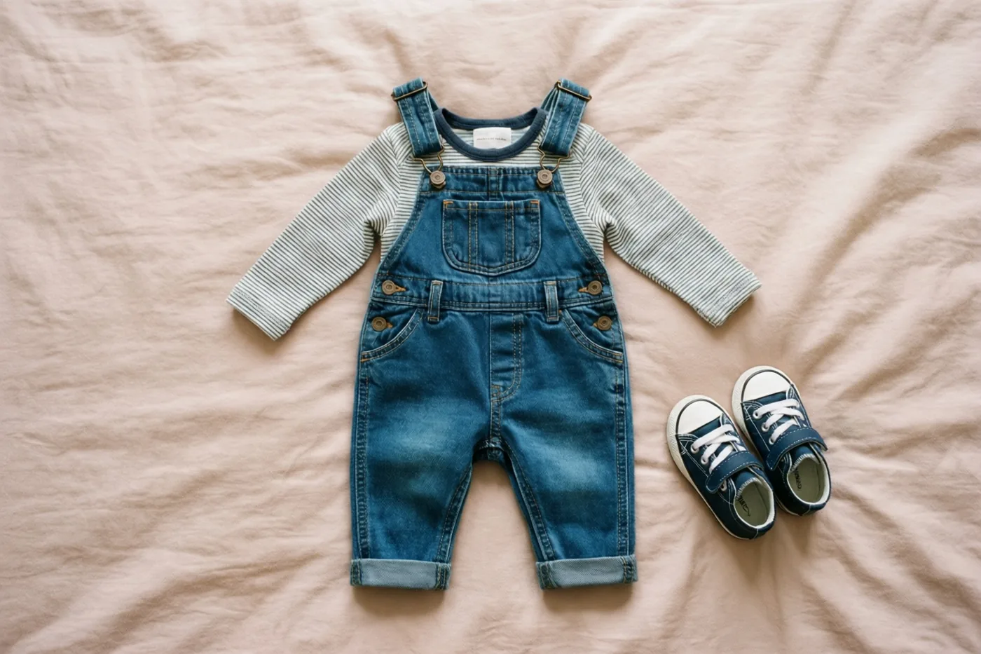 Een kleine jeanssalopet met een gestreept shirt en babysneakers ligt op een zachtroze bedsprei, in zacht licht.