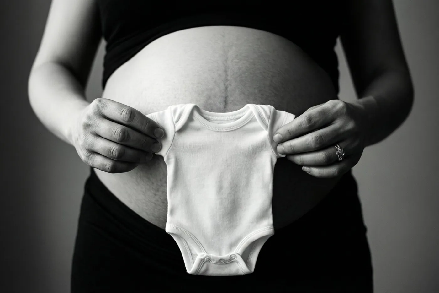 Een zwangere vrouw houdt een klein wit babypakje voor haar buik op een zwart-witfoto met een effen achtergrond.