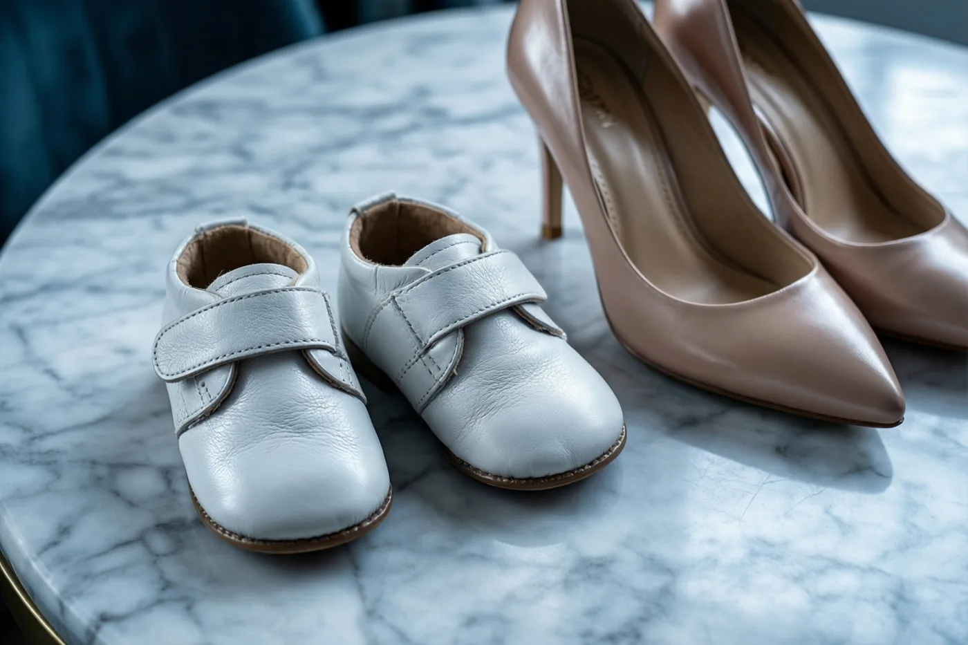 Kleine witte leren babyschoentjes met klittenband staan naast huidkleurige schoenen met hoge hakken op een witte marmeren tafel in zacht licht.