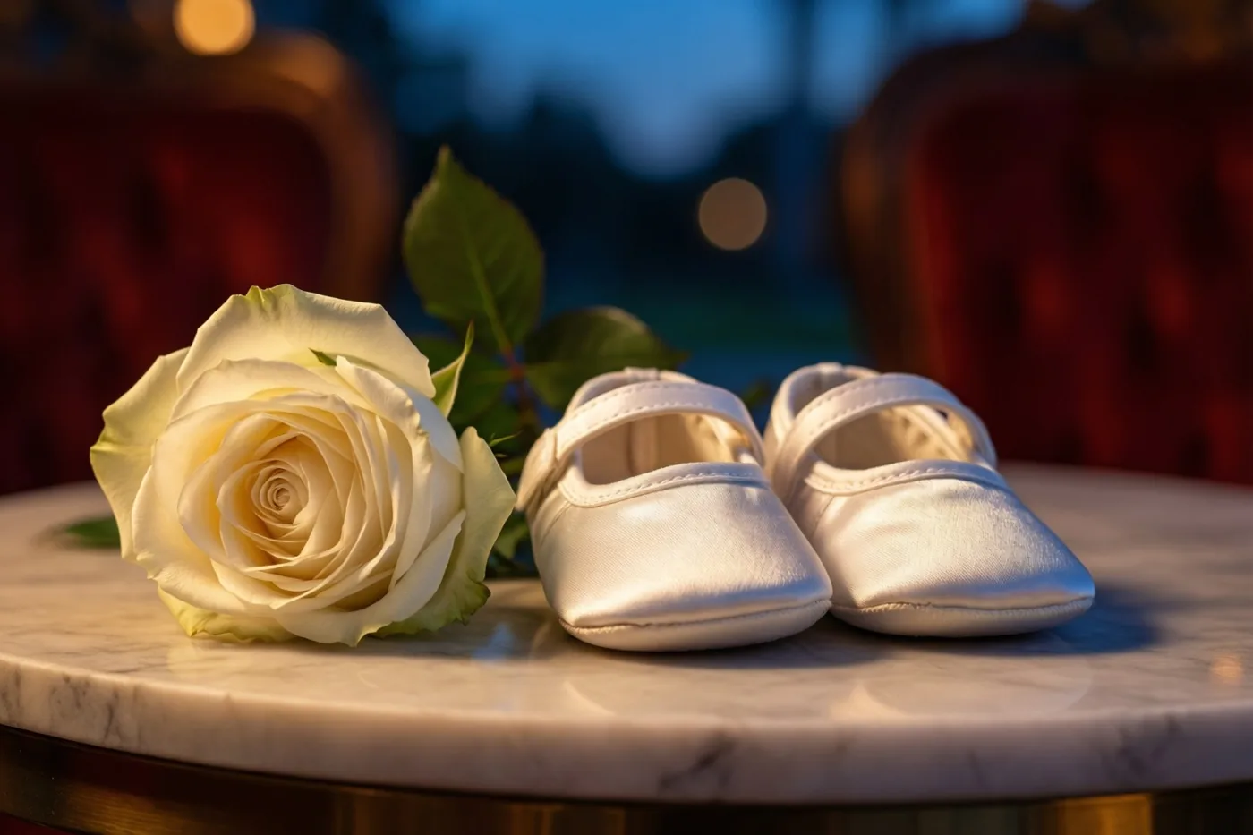 Witte zijden babyschoentjes liggen op marmer naast een witte roos, met rode stoelen in een warm verlichte, wazige achtergrond.