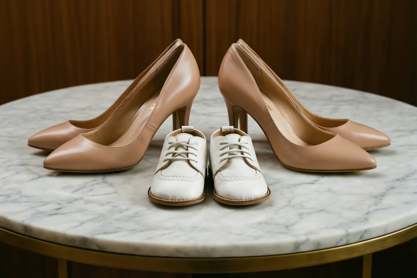 Witte leren babyschoentjes staan naast huidkleurige schoenen met hoge hakken op een marmeren tafel met een warme houten wandbekleding op de achtergrond.