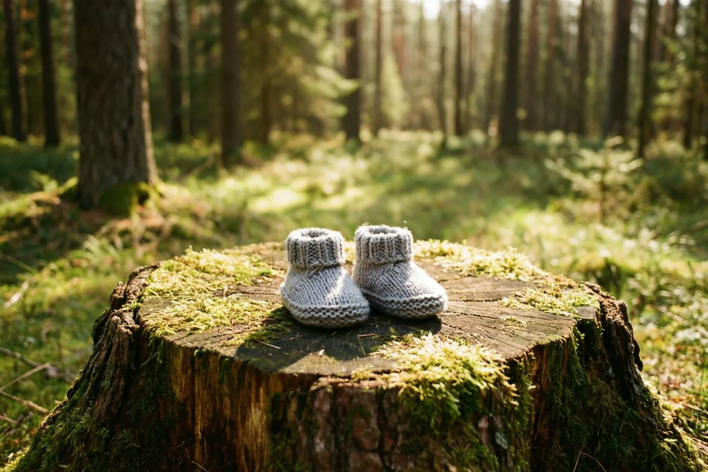 Kleine gebreide babyschoentjes staan op een bemoste boomstronk op een open plek in het bos, in warm natuurlijk licht met aardetinten en zachtgroen.