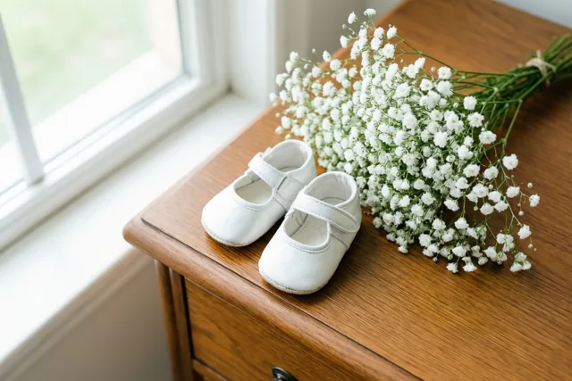 Kleine witte babyschoentjes staan naast een boeketje wit gipskruid op een houten ladekast, verlicht door een nabijgelegen raam.