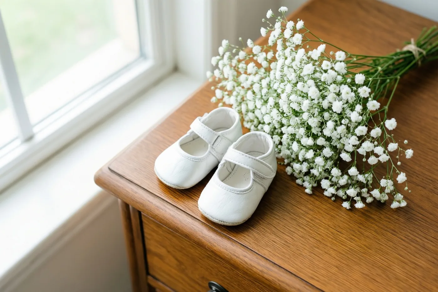 Kleine witte babyschoentjes staan naast een boeketje wit gipskruid op een houten ladekast, verlicht door een nabijgelegen raam.